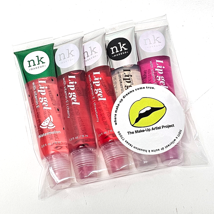 5 Pack Lip Gloss Set of Nicka K Lip Gels - Clear, Watermelon, Strawberry, Cherry, and Bubble Gum Hydrating Lip Glosses with Vitamin E